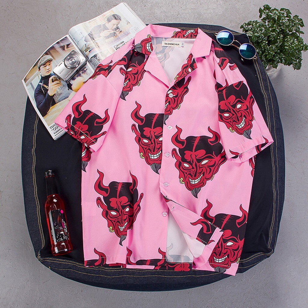 Mens Summer Devil Print Fashion Shirts Casual Short Sleeve Beach Tops Purple And Pink Loose Casual Unique Charm Shirt
