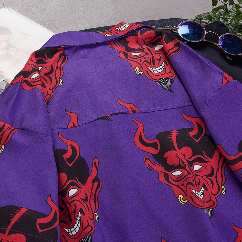 Mens Summer Devil Print Fashion Shirts Casual Short Sleeve Beach Tops Purple And Pink Loose Casual Unique Charm Shirt