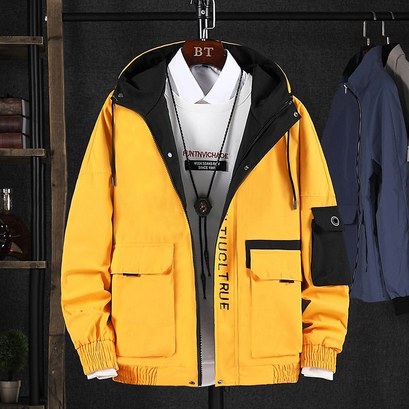 Autumn Men Casual Jacket Outdoor Windbreaker Harajuku Cargo Jackets Mens Loose Print Hooded Outwear Coat Hip Hop Multi-pocket