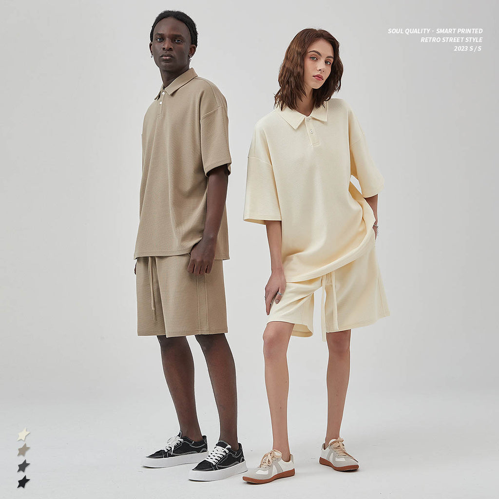 Mens and Womens High End Breathable Diamond Pattern Waffle Shorts Set Loose Casual Top Wide Leg Shorts Set
