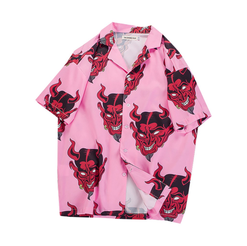 Mens Summer Devil Print Fashion Shirts Casual Short Sleeve Beach Tops Purple And Pink Loose Casual Unique Charm Shirt