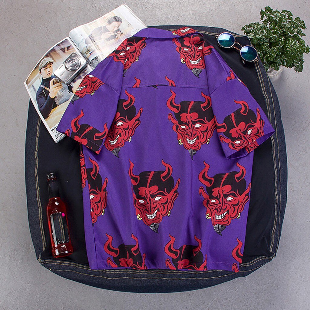 Mens Summer Devil Print Fashion Shirts Casual Short Sleeve Beach Tops Purple And Pink Loose Casual Unique Charm Shirt