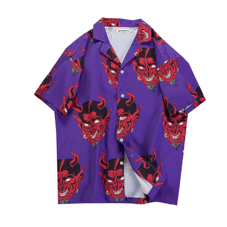Mens Summer Devil Print Fashion Shirts Casual Short Sleeve Beach Tops Purple And Pink Loose Casual Unique Charm Shirt