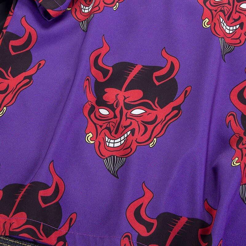 Mens Summer Devil Print Fashion Shirts Casual Short Sleeve Beach Tops Purple And Pink Loose Casual Unique Charm Shirt