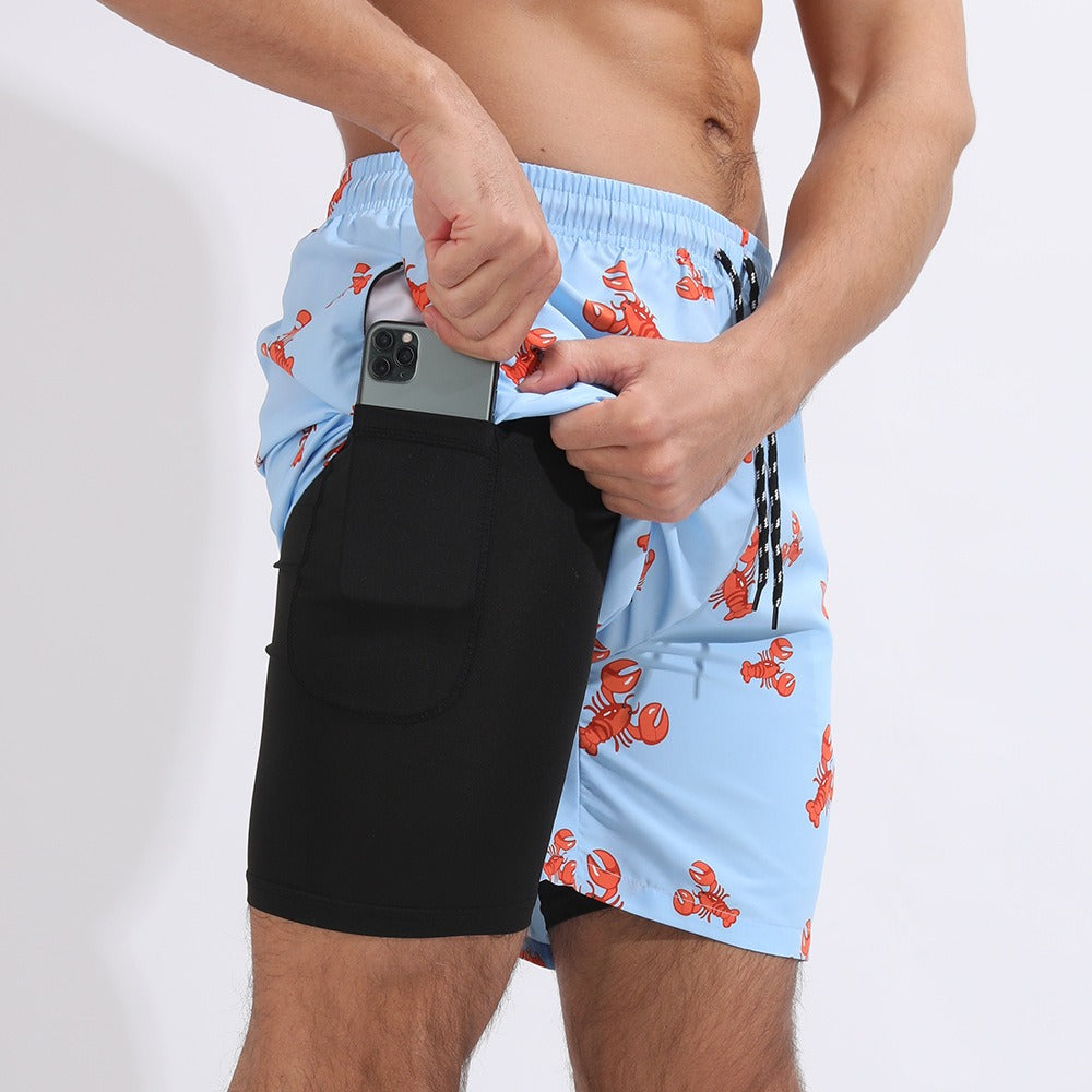 New Mens Casual Beach Sports Shorts Printed Double Layer Shorts Mens Anti glare Plus Size