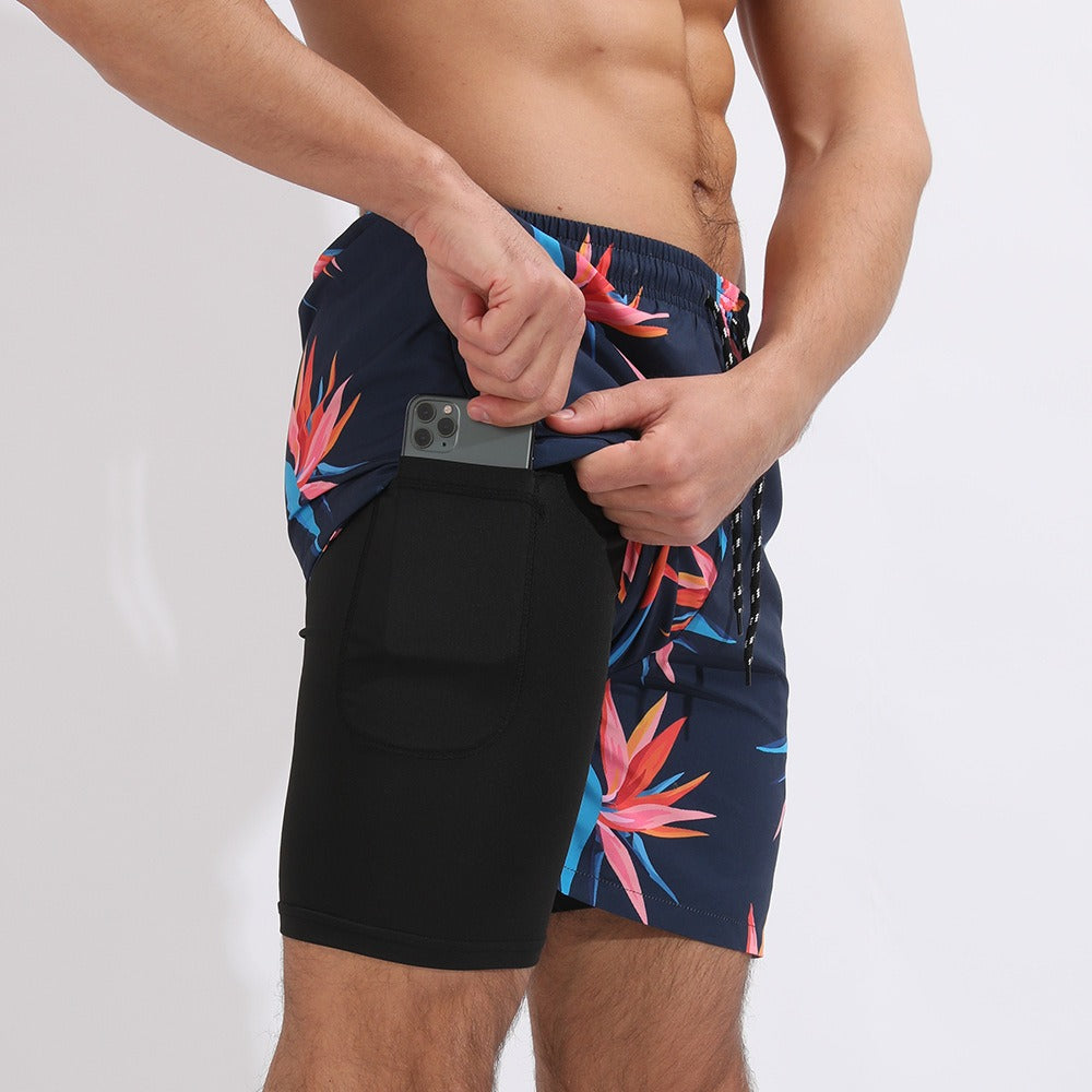 New Mens Casual Beach Sports Shorts Printed Double Layer Shorts Mens Anti glare Plus Size