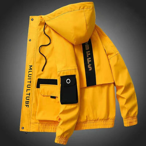 Autumn Men Casual Jacket Outdoor Windbreaker Harajuku Cargo Jackets Mens Loose Print Hooded Outwear Coat Hip Hop Multi-pocket