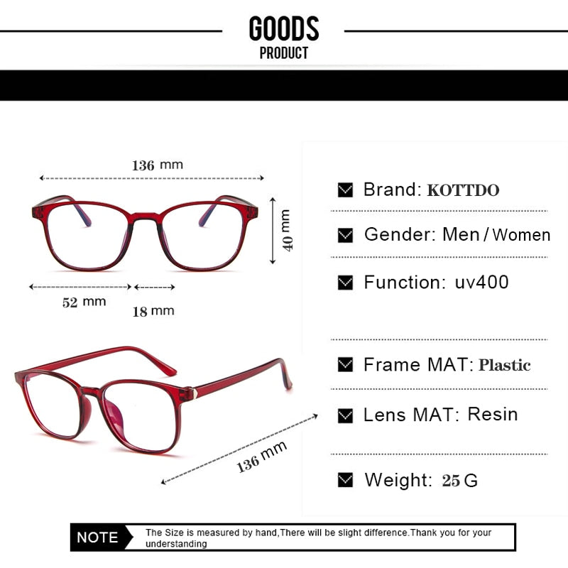 KOTTDO Retro Mens Glasses Frame Fashion Computer Eyeglasses Frame Women Anti-blue Light Transparent Clear Pink Plastic Frame