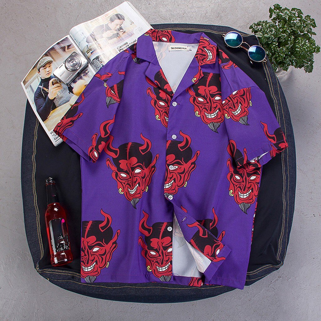 Mens Summer Devil Print Fashion Shirts Casual Short Sleeve Beach Tops Purple And Pink Loose Casual Unique Charm Shirt
