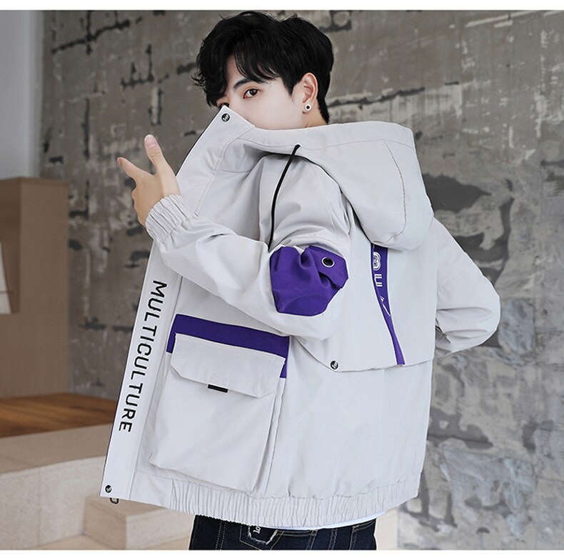 Autumn Men Casual Jacket Outdoor Windbreaker Harajuku Cargo Jackets Mens Loose Print Hooded Outwear Coat Hip Hop Multi-pocket