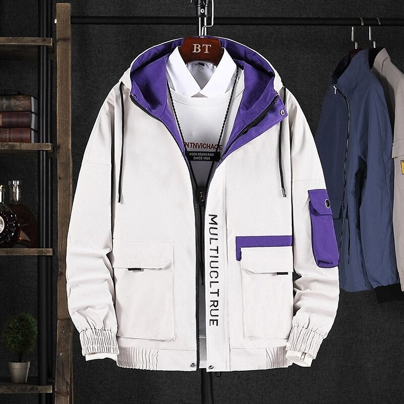 Autumn Men Casual Jacket Outdoor Windbreaker Harajuku Cargo Jackets Mens Loose Print Hooded Outwear Coat Hip Hop Multi-pocket