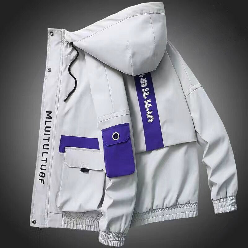 Autumn Men Casual Jacket Outdoor Windbreaker Harajuku Cargo Jackets Mens Loose Print Hooded Outwear Coat Hip Hop Multi-pocket