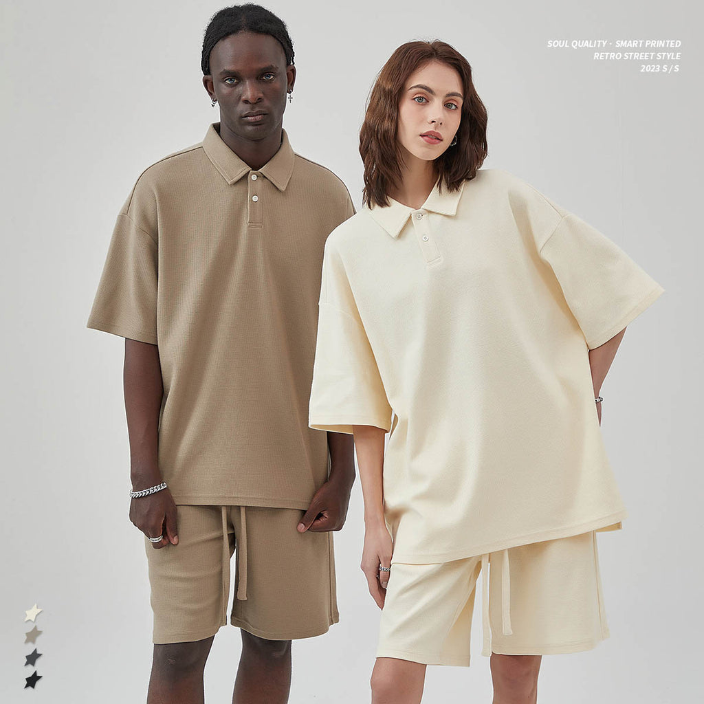 Mens and Womens High End Breathable Diamond Pattern Waffle Shorts Set Loose Casual Top Wide Leg Shorts Set